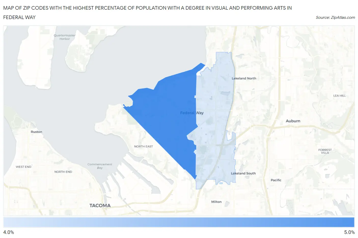 Zip Codes with the Highest Percentage of Population with a Degree in Visual and Performing Arts in Federal Way Map