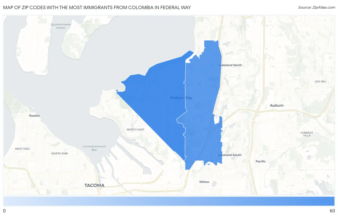 Zip Codes with the Most Immigrants from Colombia in Federal Way Map