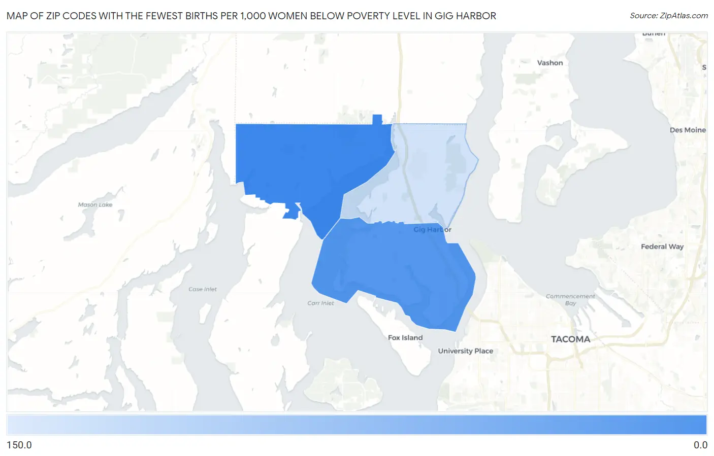 Zip Codes with the Fewest Births per 1,000 Women Below Poverty Level in Gig Harbor Map