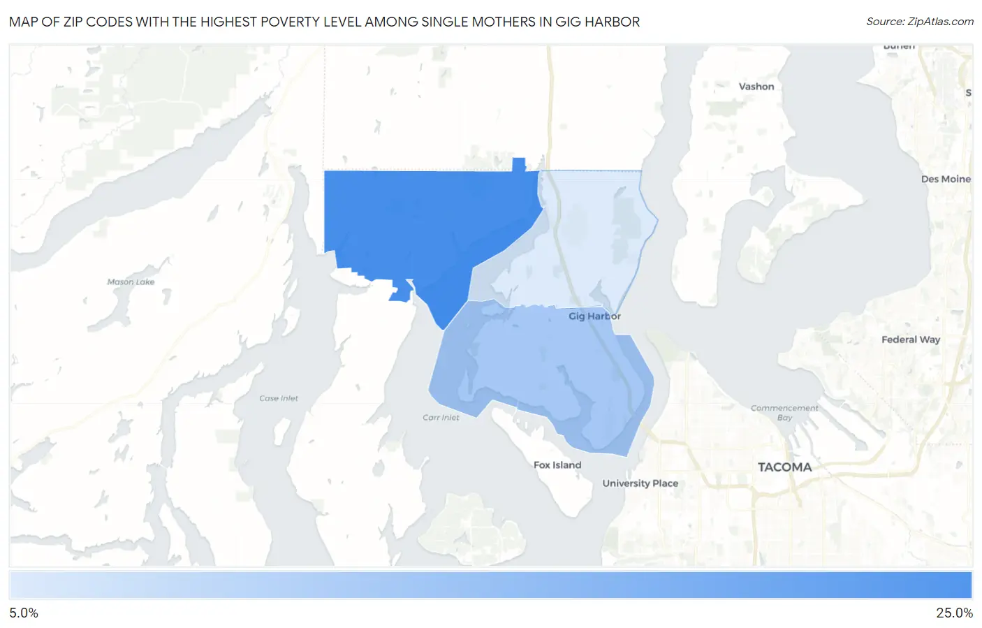 Zip Codes with the Highest Poverty Level Among Single Mothers in Gig Harbor Map