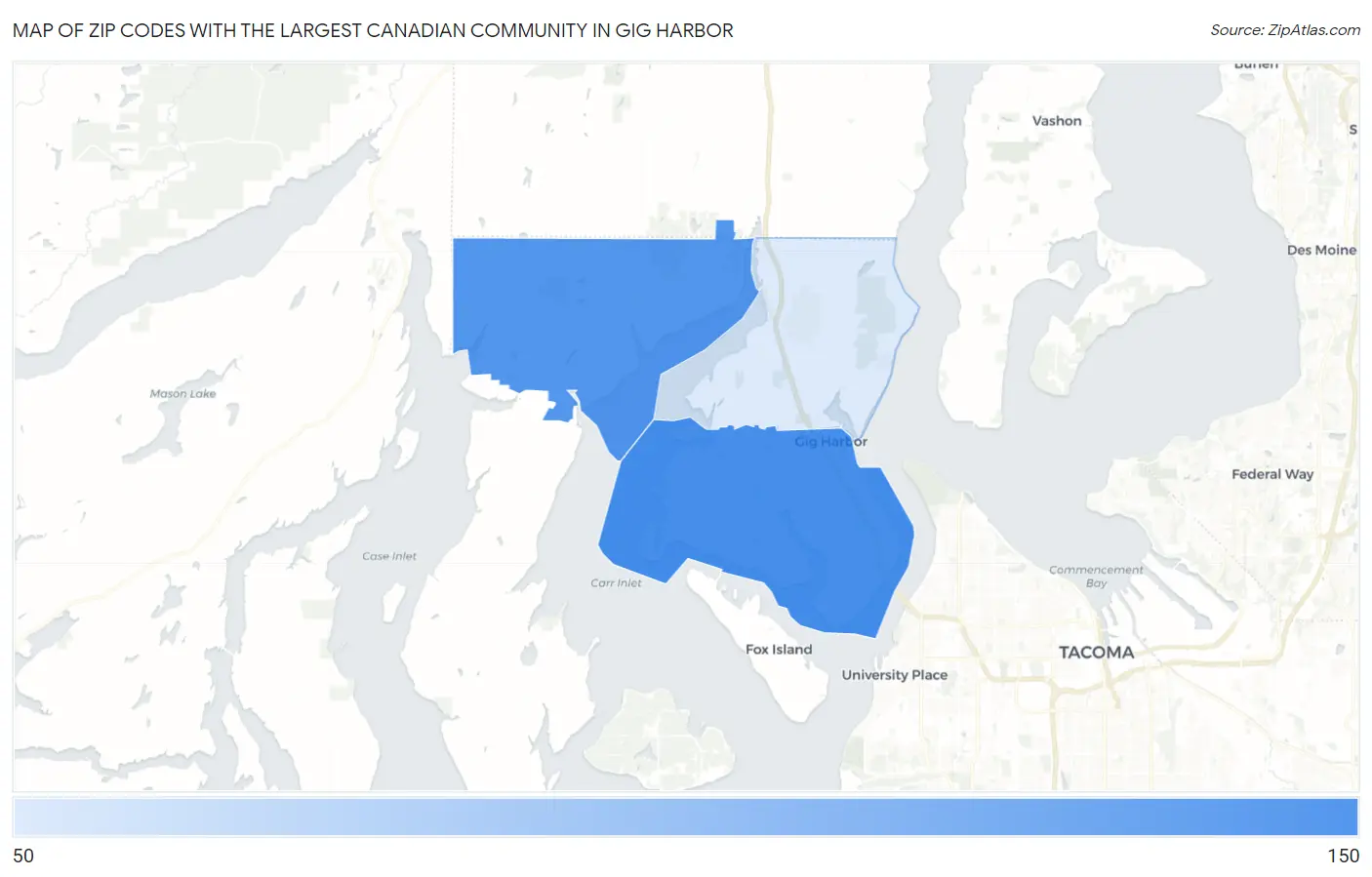 Zip Codes with the Largest Canadian Community in Gig Harbor Map