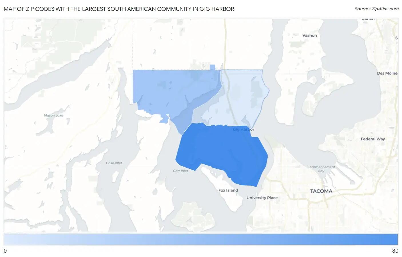 Zip Codes with the Largest South American Community in Gig Harbor Map