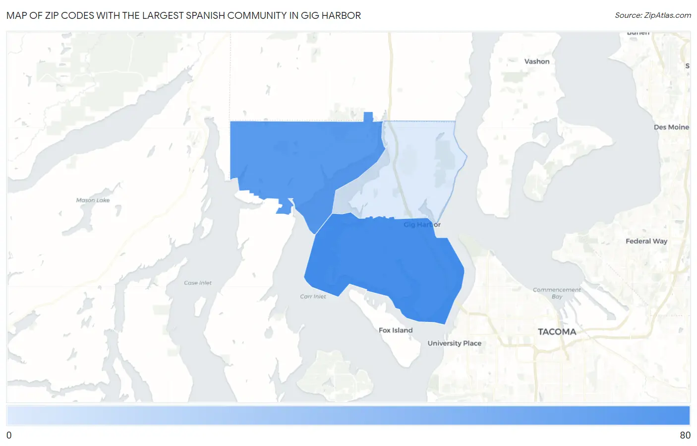 Zip Codes with the Largest Spanish Community in Gig Harbor Map