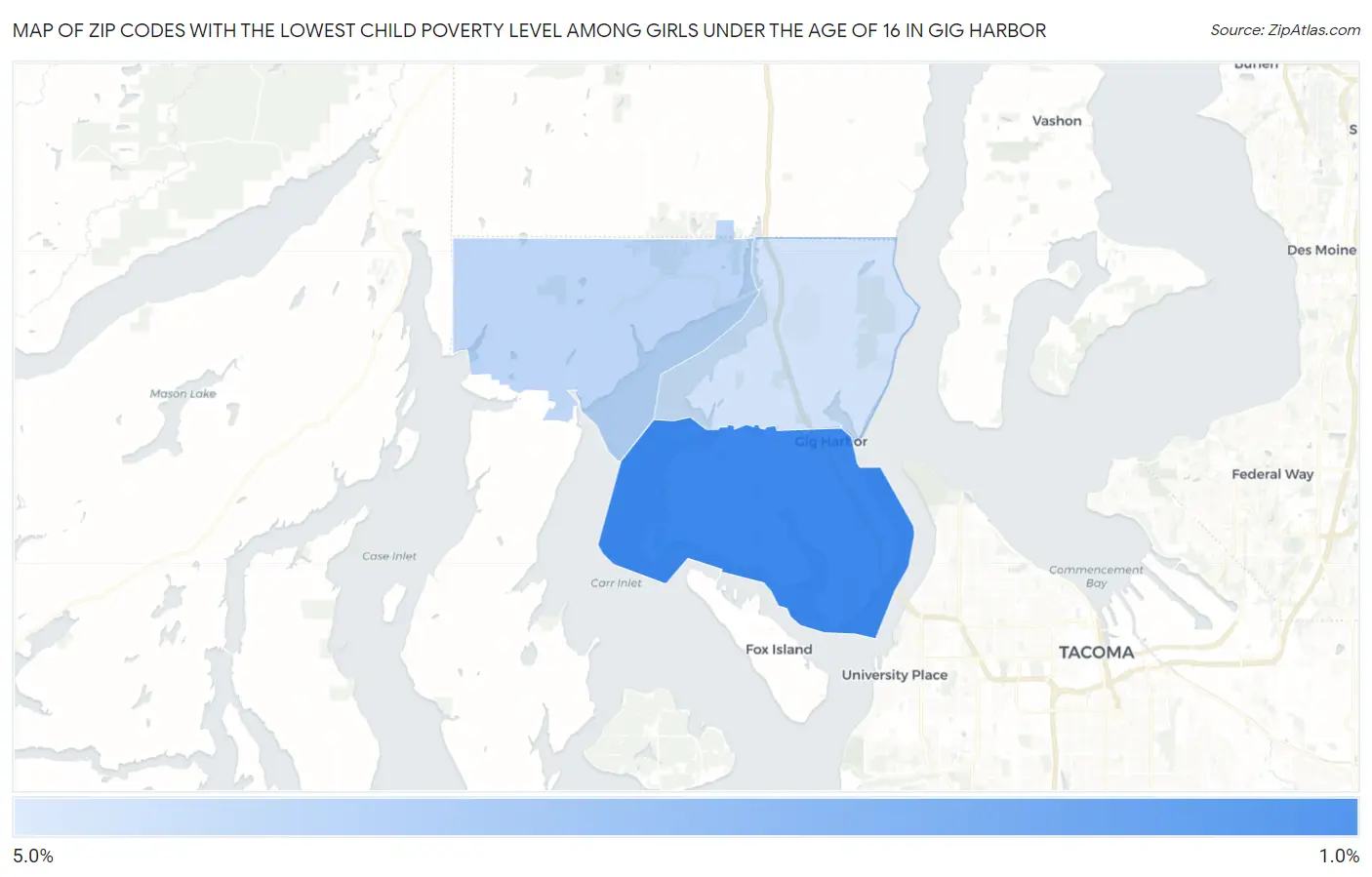 Zip Codes with the Lowest Child Poverty Level Among Girls Under the Age of 16 in Gig Harbor Map