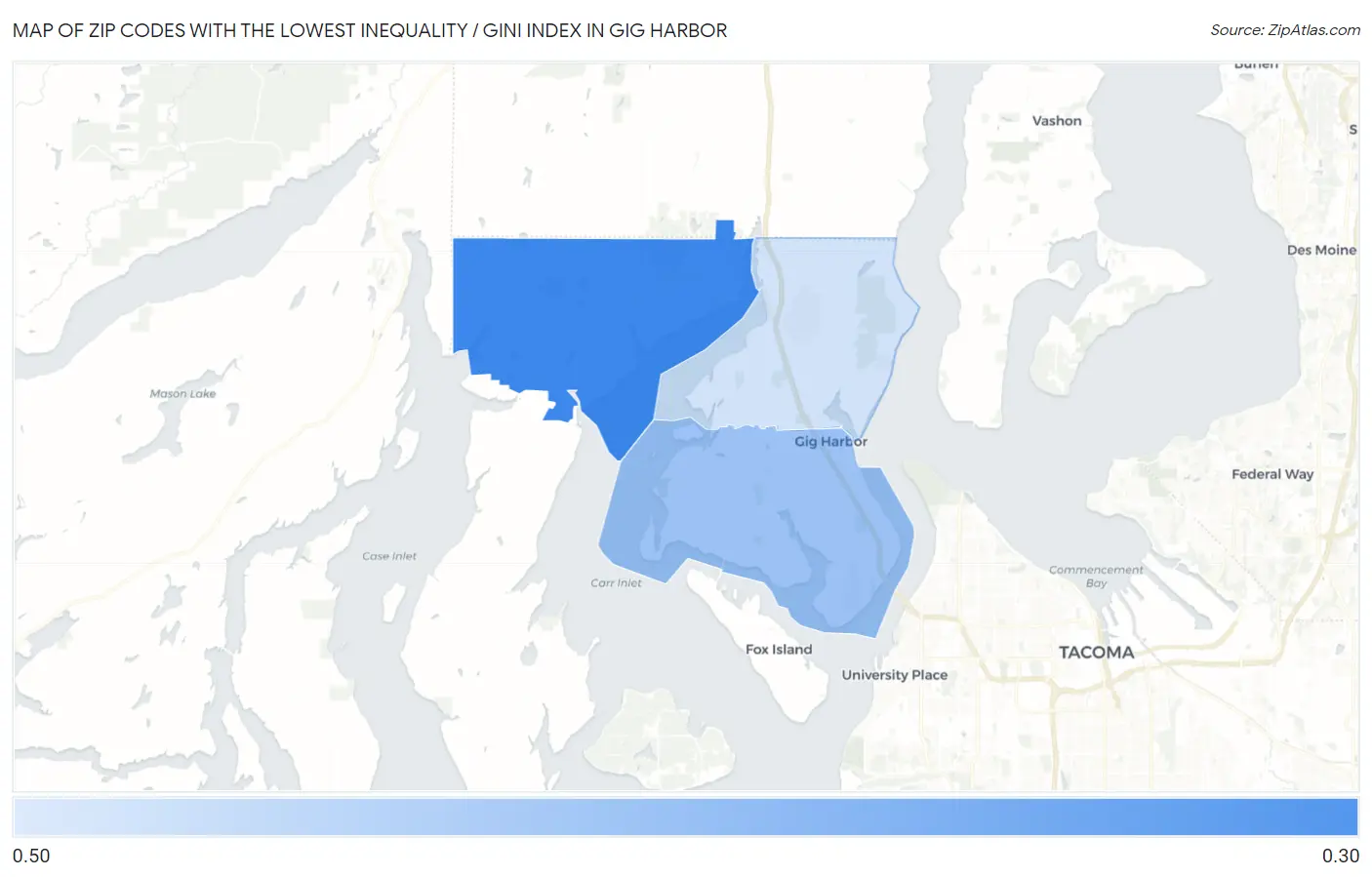 Zip Codes with the Lowest Inequality / Gini Index in Gig Harbor Map