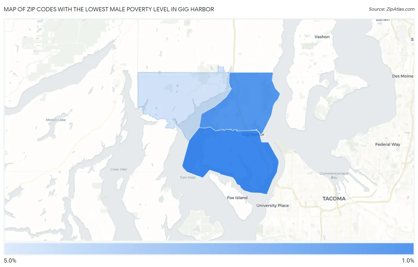 Zip Codes with the Lowest Male Poverty Level in Gig Harbor Map