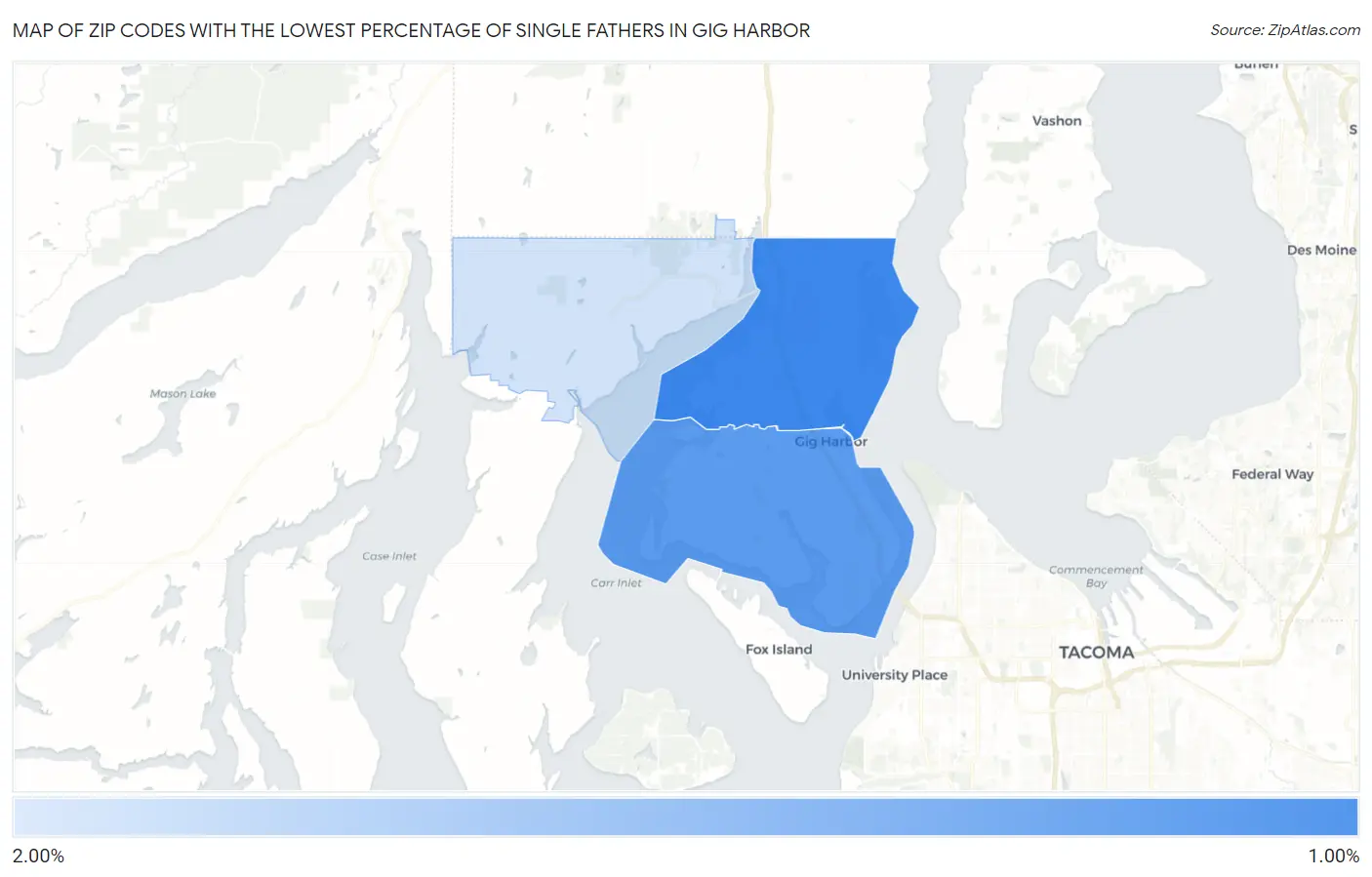 Zip Codes with the Lowest Percentage of Single Fathers in Gig Harbor Map