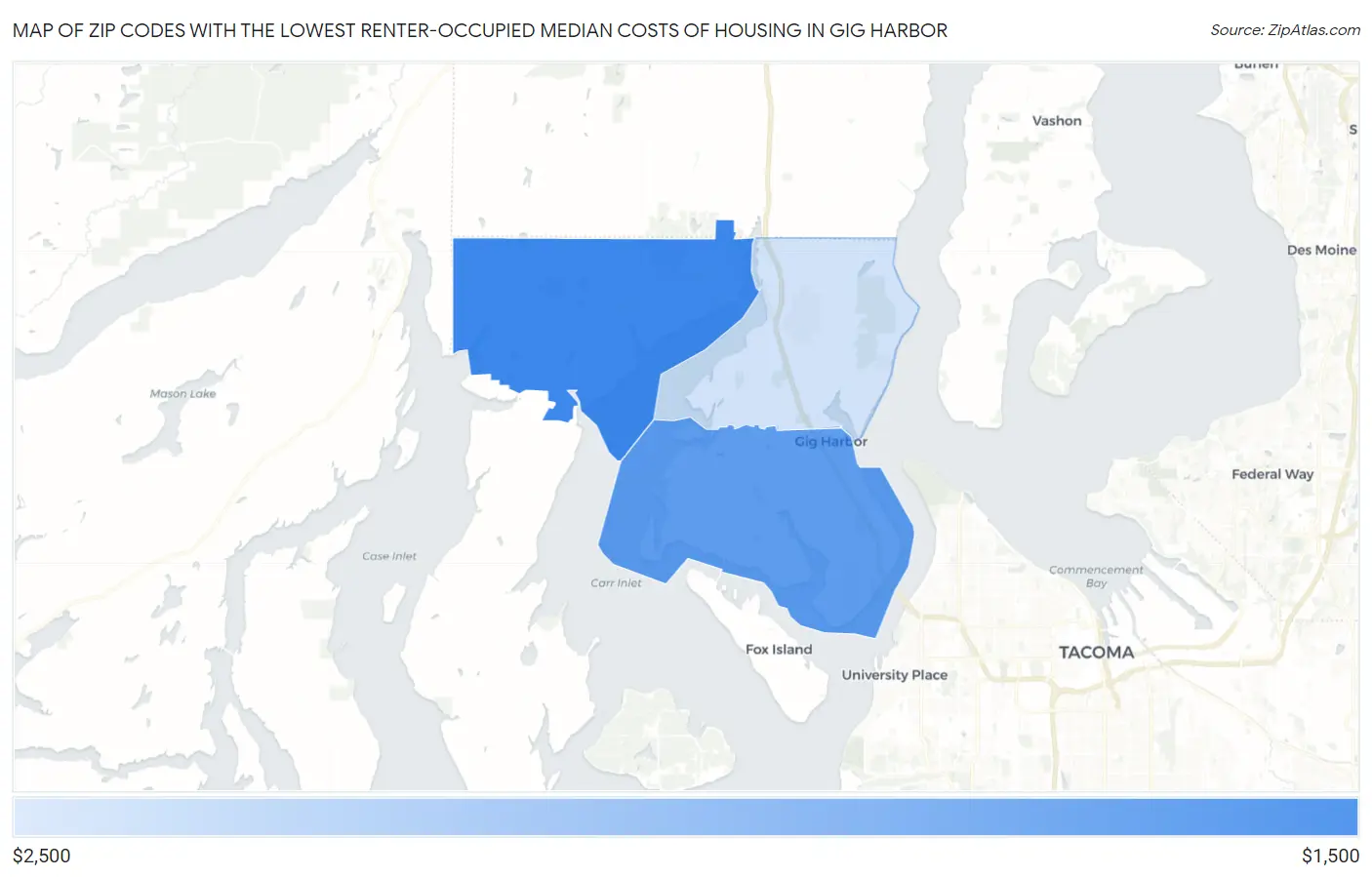 Zip Codes with the Lowest Renter-Occupied Median Costs of Housing in Gig Harbor Map