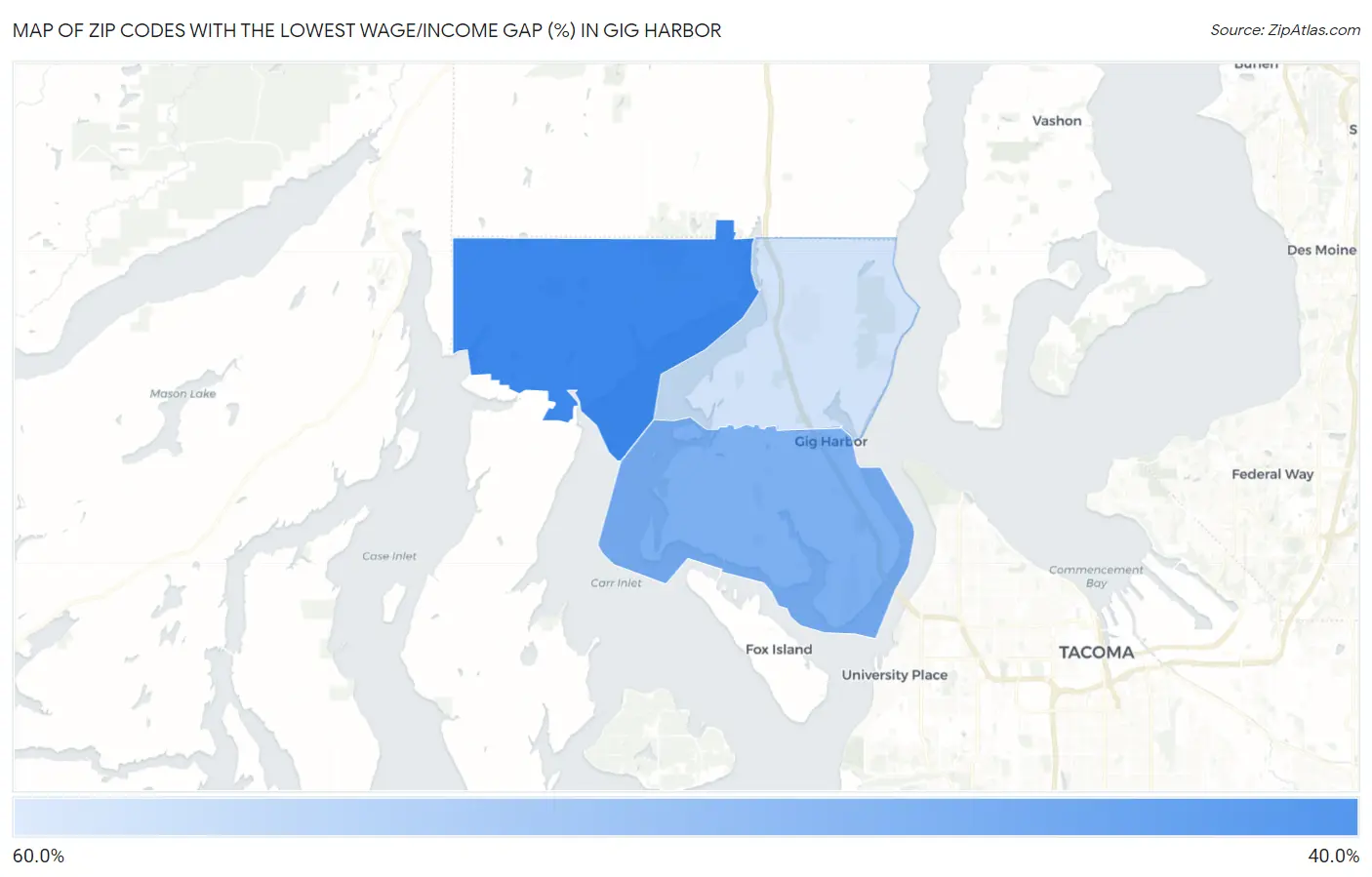 Zip Codes with the Lowest Wage/Income Gap (%) in Gig Harbor Map