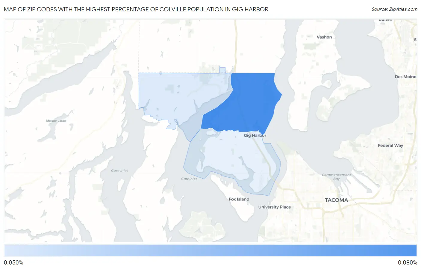 Zip Codes with the Highest Percentage of Colville Population in Gig Harbor Map