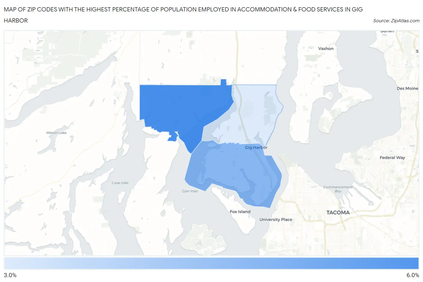 Zip Codes with the Highest Percentage of Population Employed in Accommodation & Food Services in Gig Harbor Map