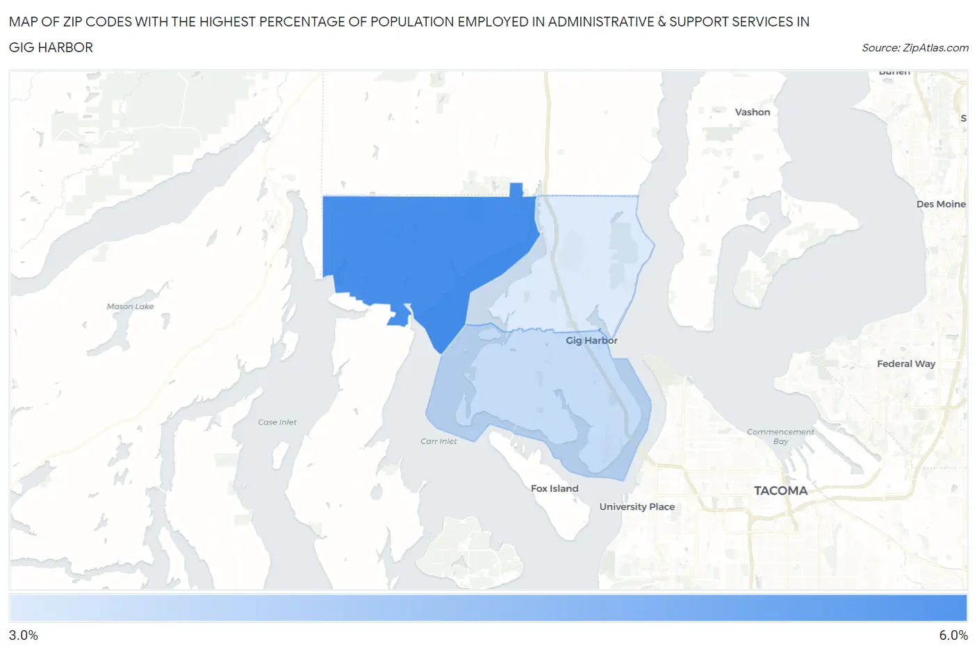 Zip Codes with the Highest Percentage of Population Employed in Administrative & Support Services in Gig Harbor Map