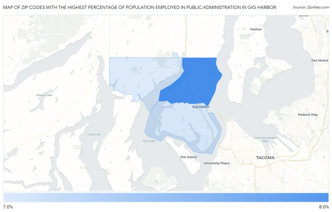 Zip Codes with the Highest Percentage of Population Employed in Public Administration in Gig Harbor Map