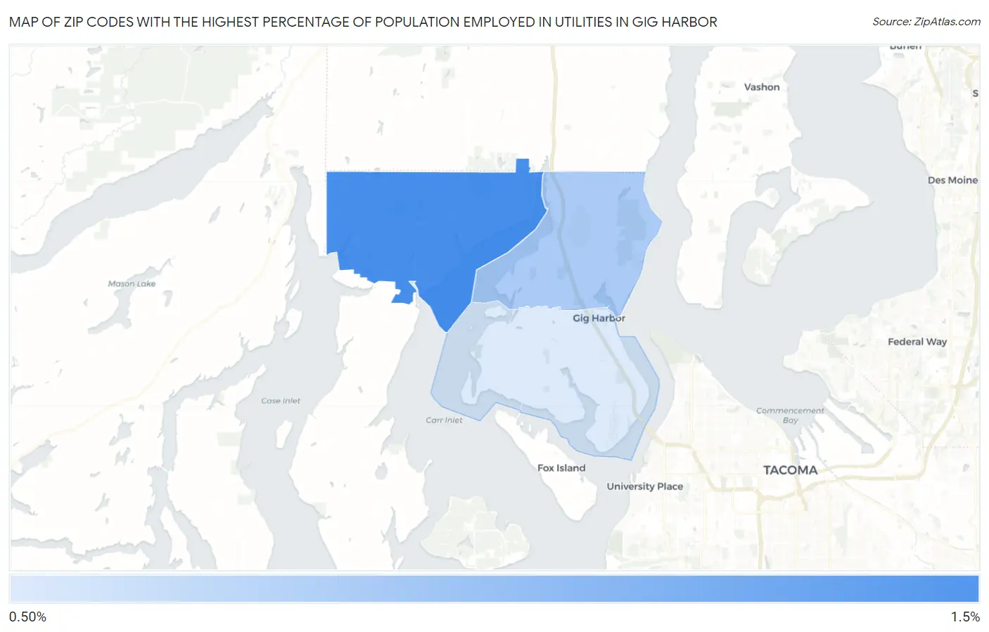 Zip Codes with the Highest Percentage of Population Employed in Utilities in Gig Harbor Map