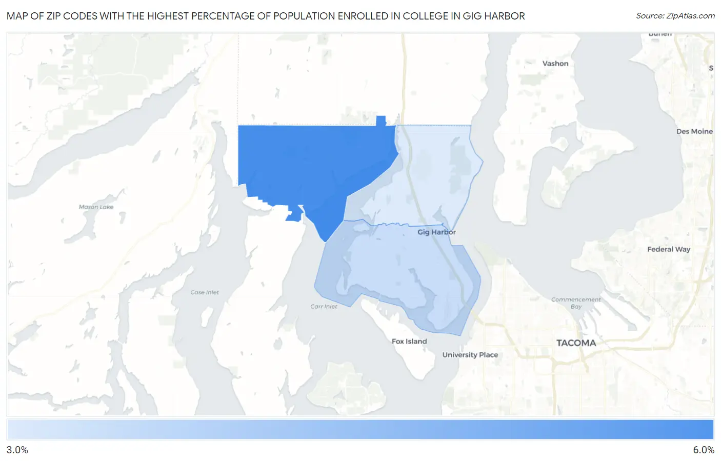 Zip Codes with the Highest Percentage of Population Enrolled in College in Gig Harbor Map