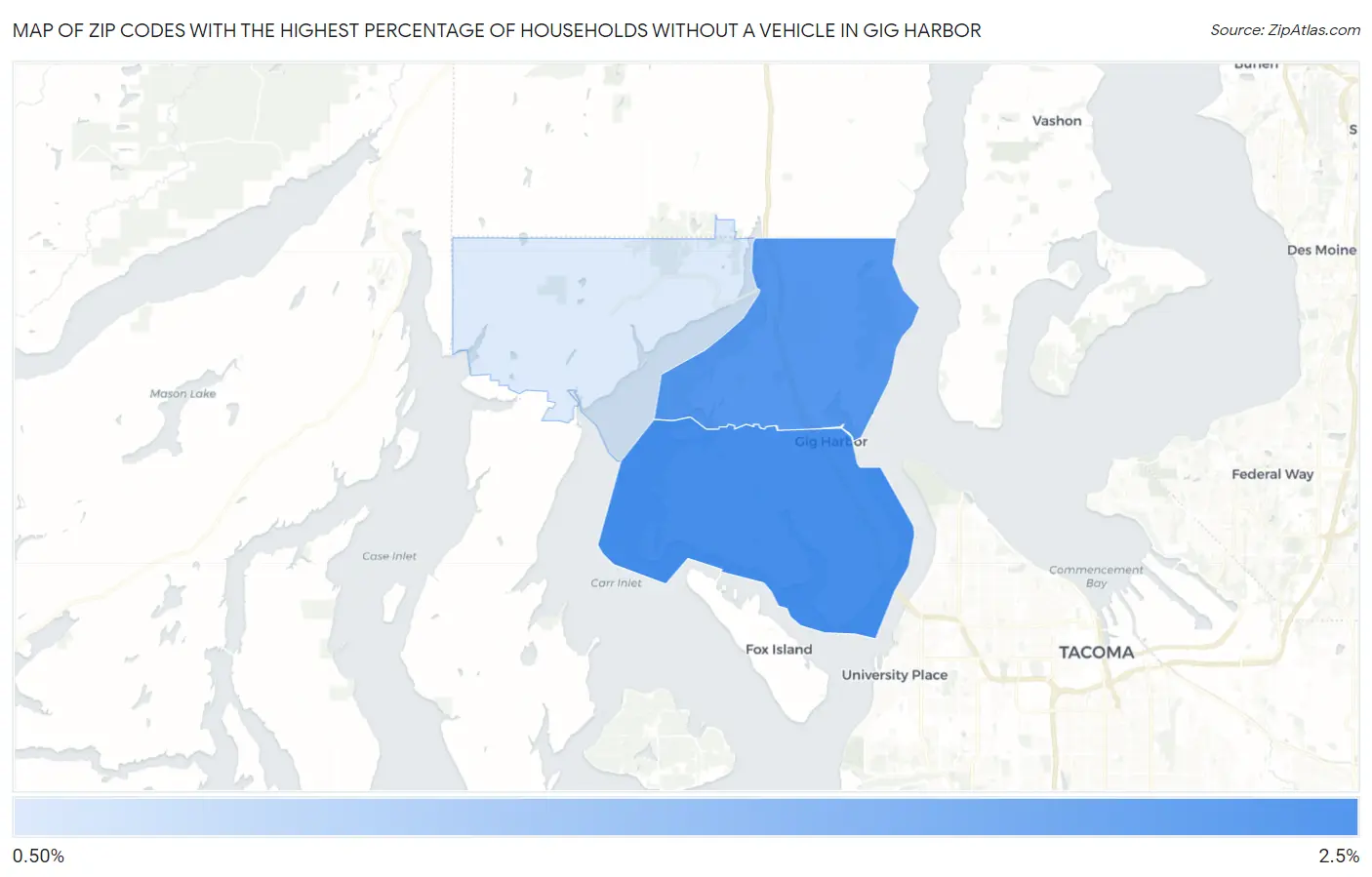 Zip Codes with the Highest Percentage of Households Without a Vehicle in Gig Harbor Map