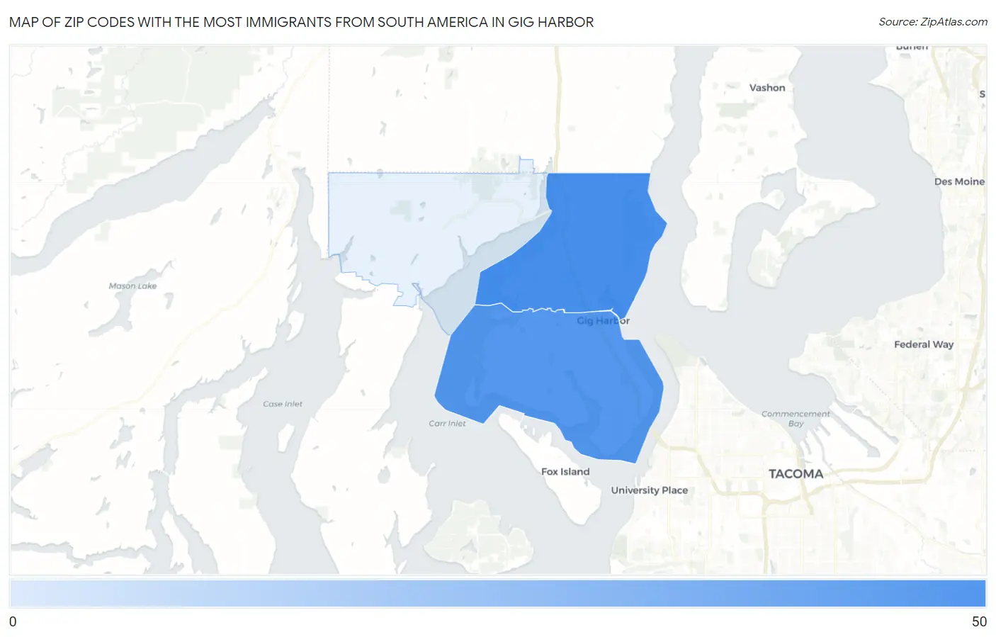 Zip Codes with the Most Immigrants from South America in Gig Harbor Map