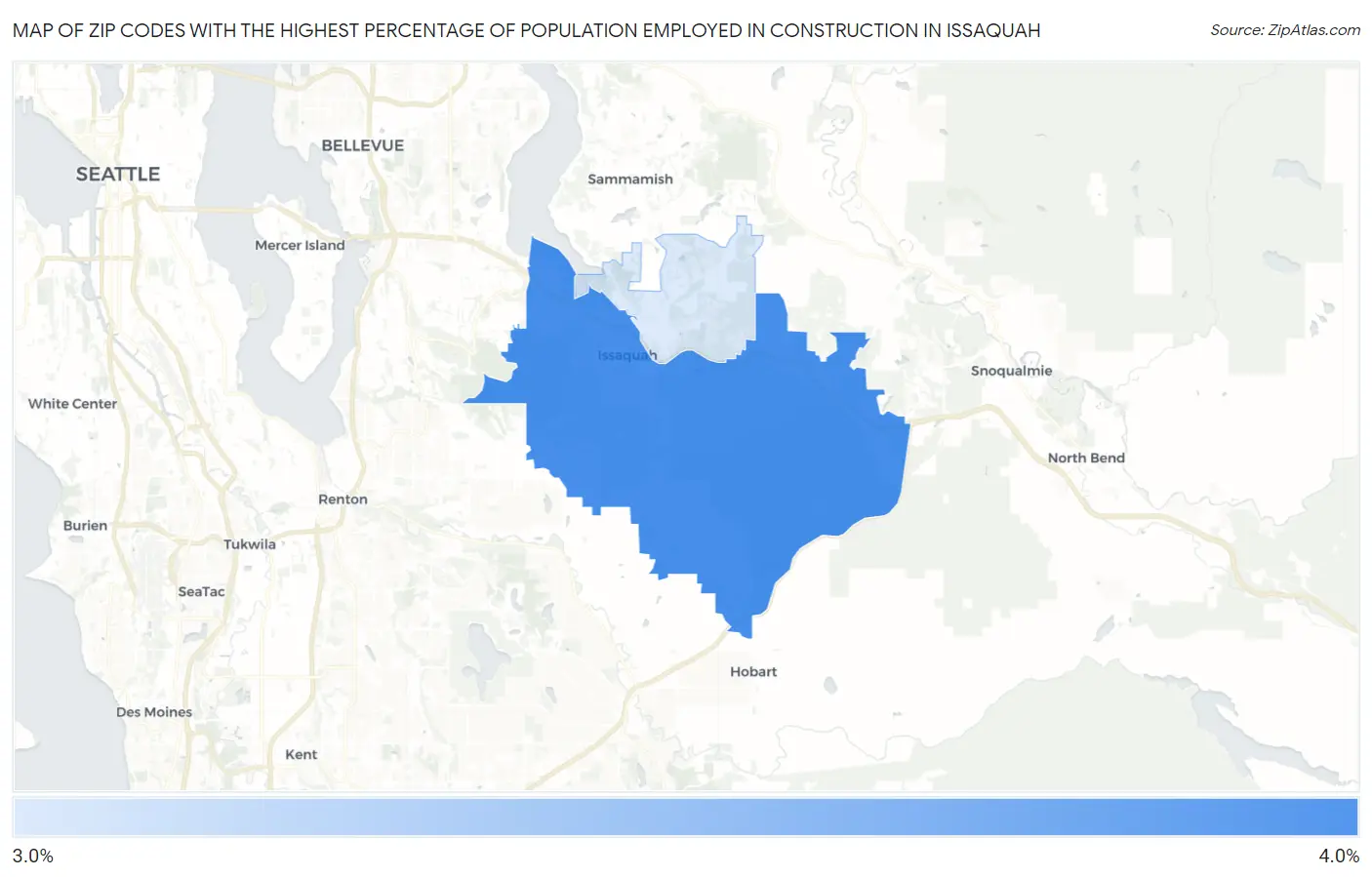 Zip Codes with the Highest Percentage of Population Employed in Construction in Issaquah Map
