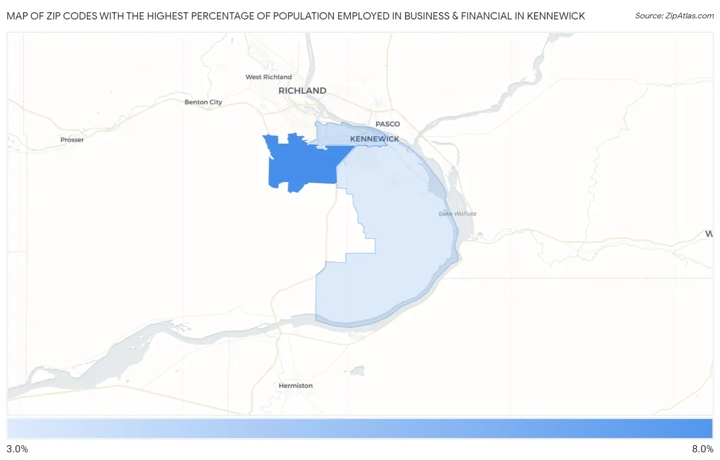 Zip Codes with the Highest Percentage of Population Employed in Business & Financial in Kennewick Map