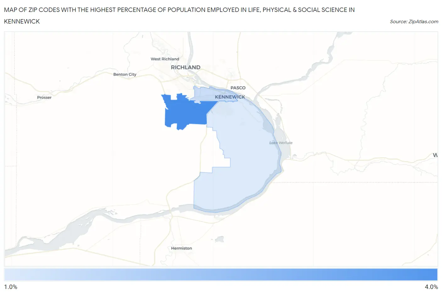Zip Codes with the Highest Percentage of Population Employed in Life, Physical & Social Science in Kennewick Map
