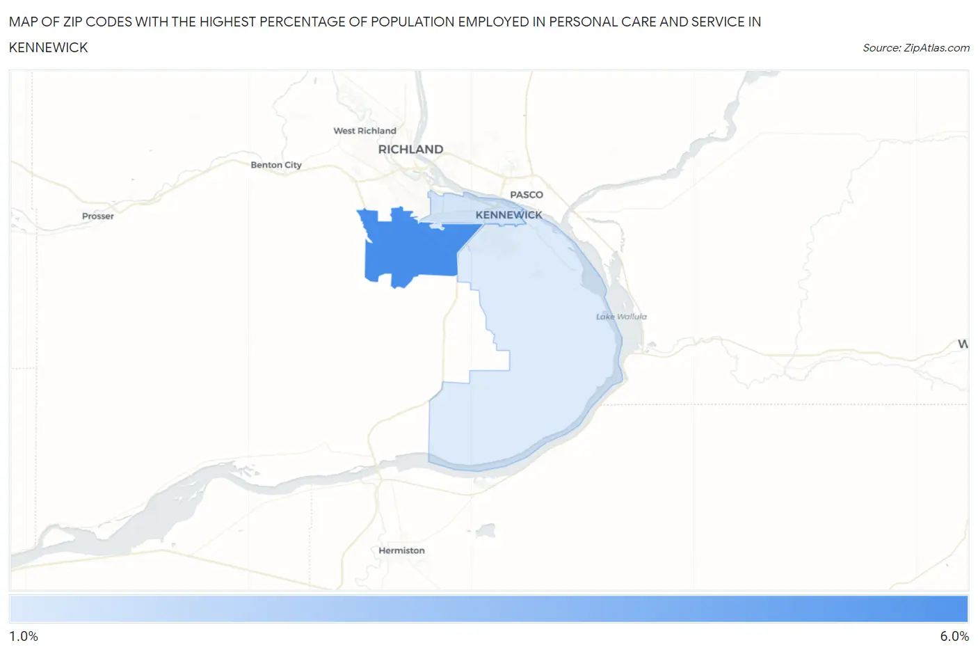 Zip Codes with the Highest Percentage of Population Employed in Personal Care and Service in Kennewick Map