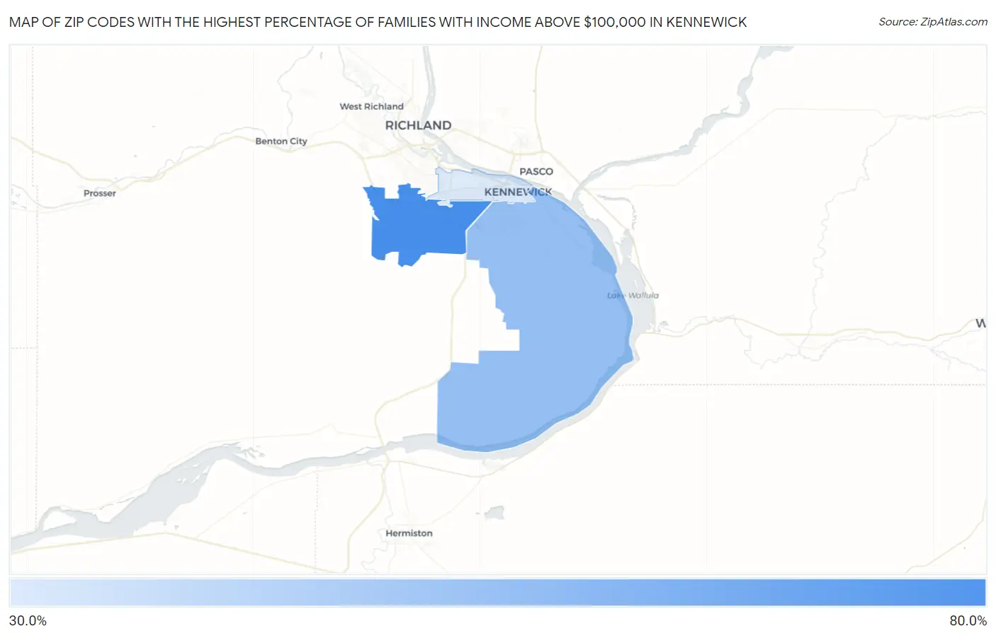 Zip Codes with the Highest Percentage of Families with Income Above $100,000 in Kennewick Map