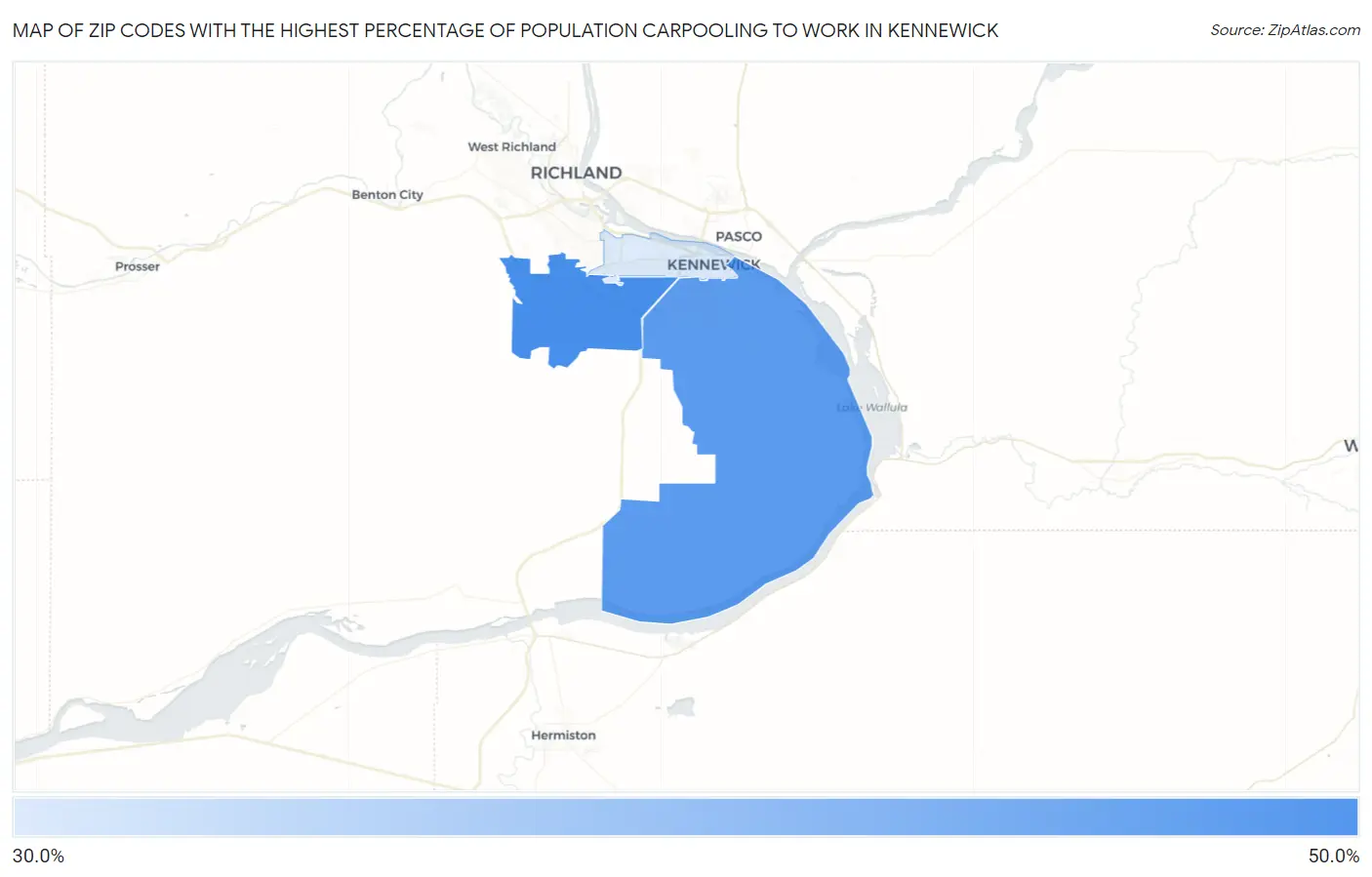 Zip Codes with the Highest Percentage of Population Carpooling to Work in Kennewick Map