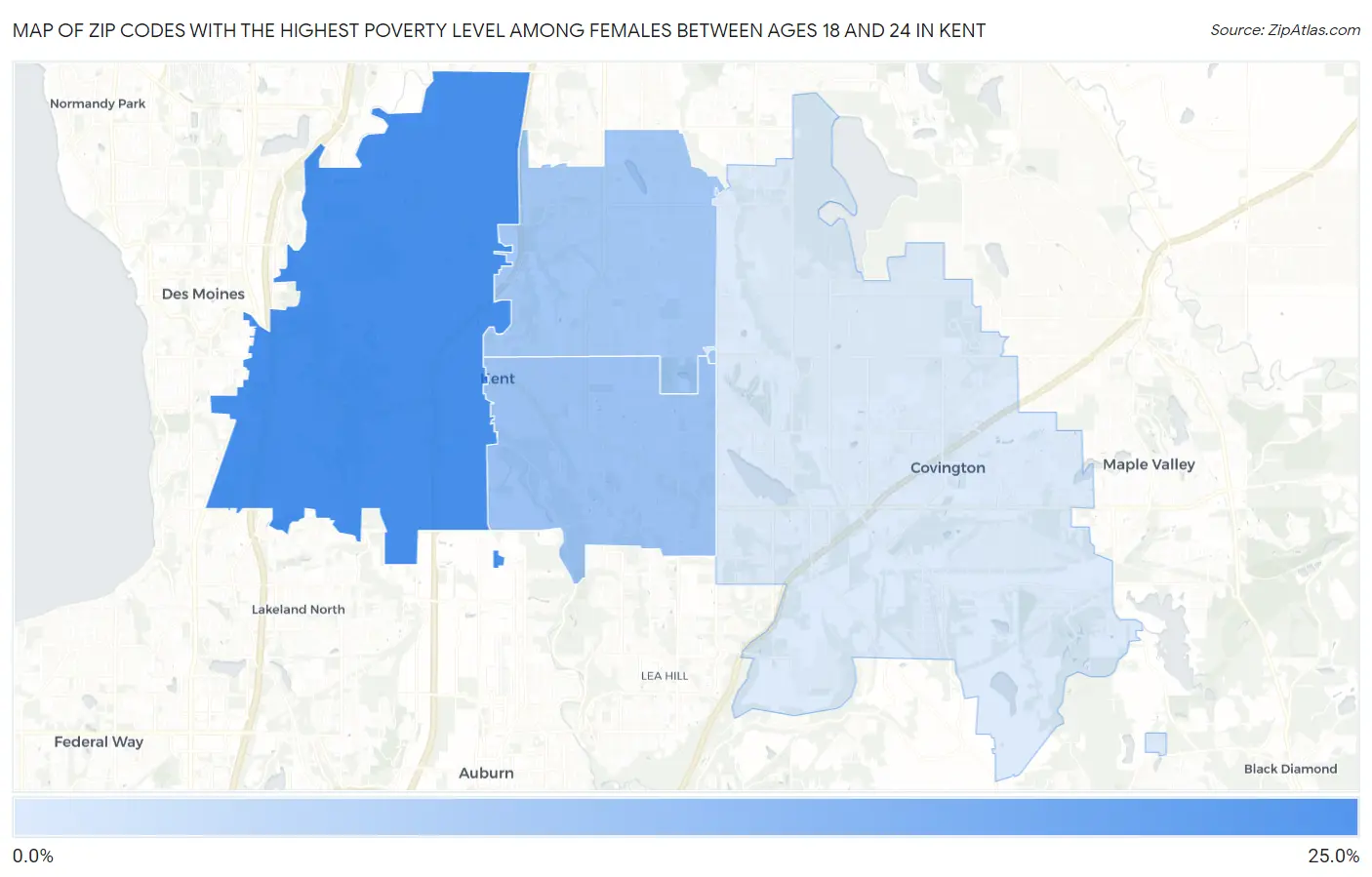 Zip Codes with the Highest Poverty Level Among Females Between Ages 18 and 24 in Kent Map