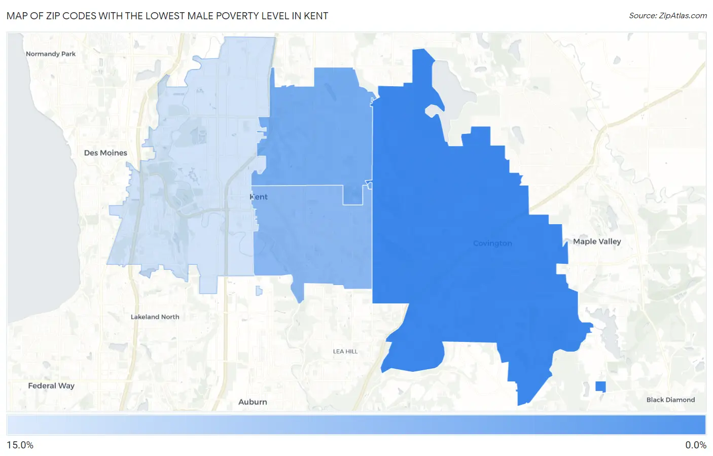 Zip Codes with the Lowest Male Poverty Level in Kent Map