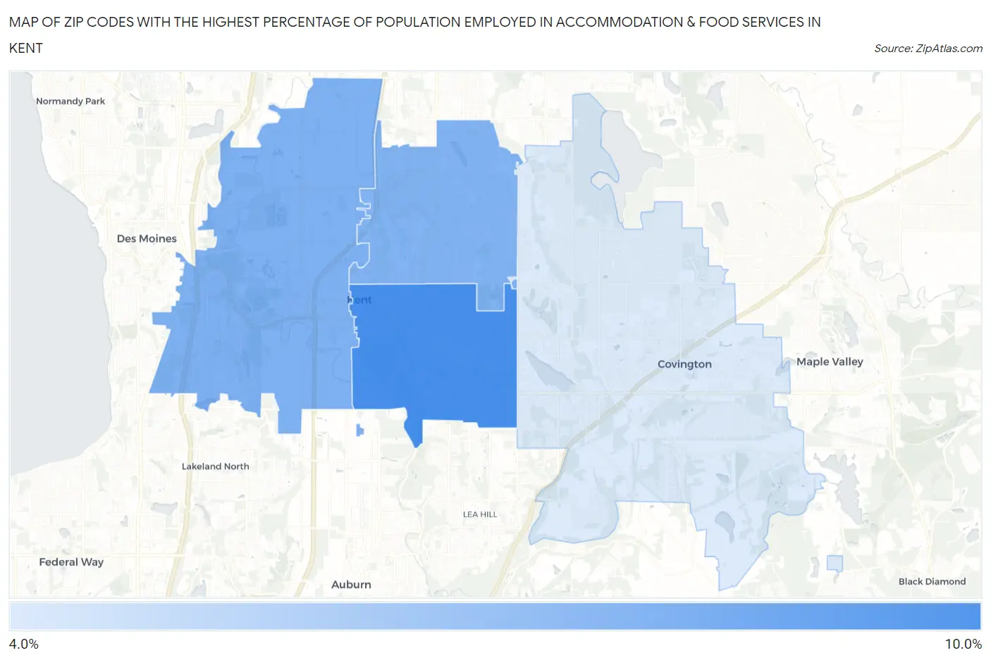 Zip Codes with the Highest Percentage of Population Employed in Accommodation & Food Services in Kent Map