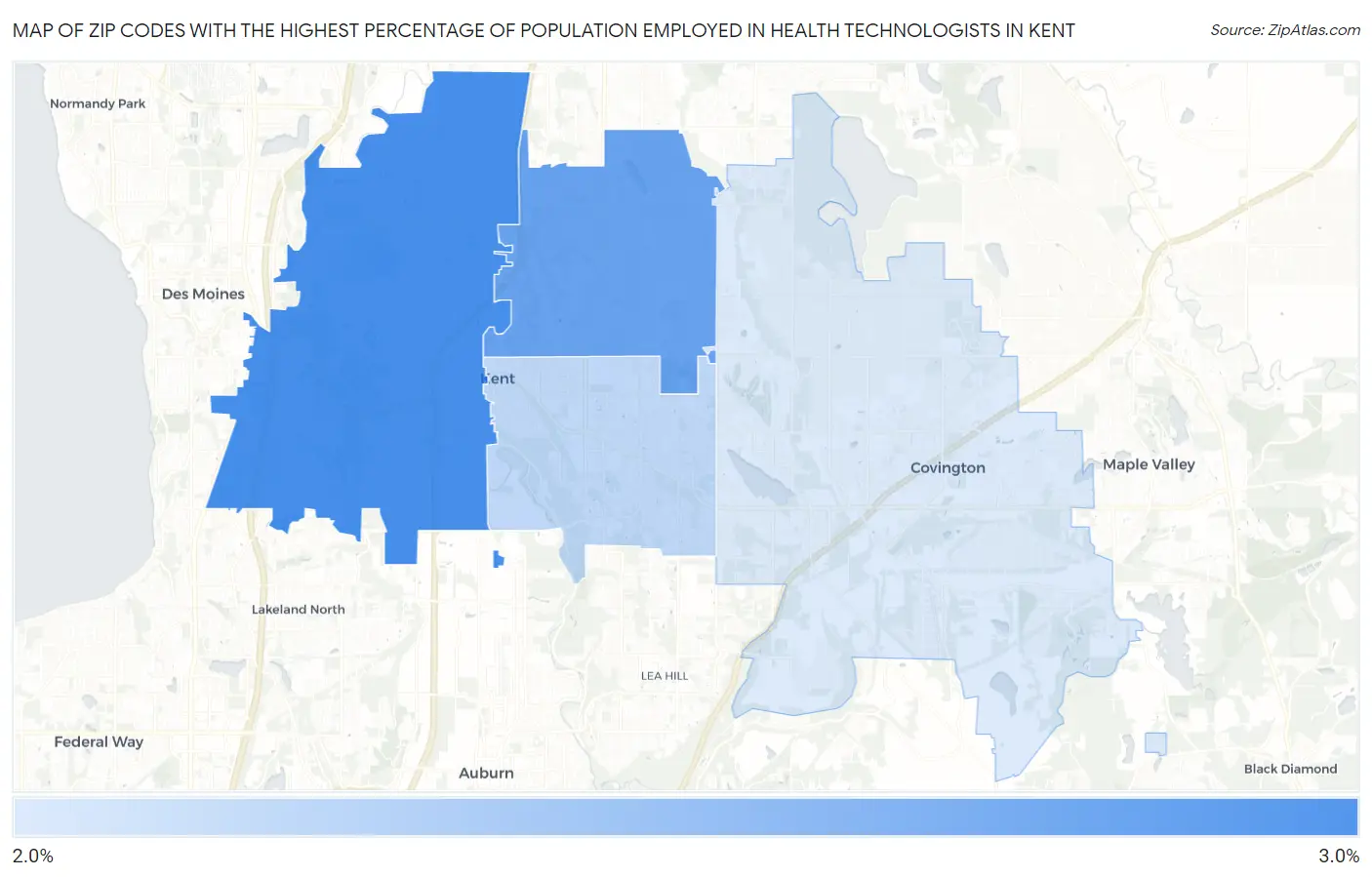 Zip Codes with the Highest Percentage of Population Employed in Health Technologists in Kent Map