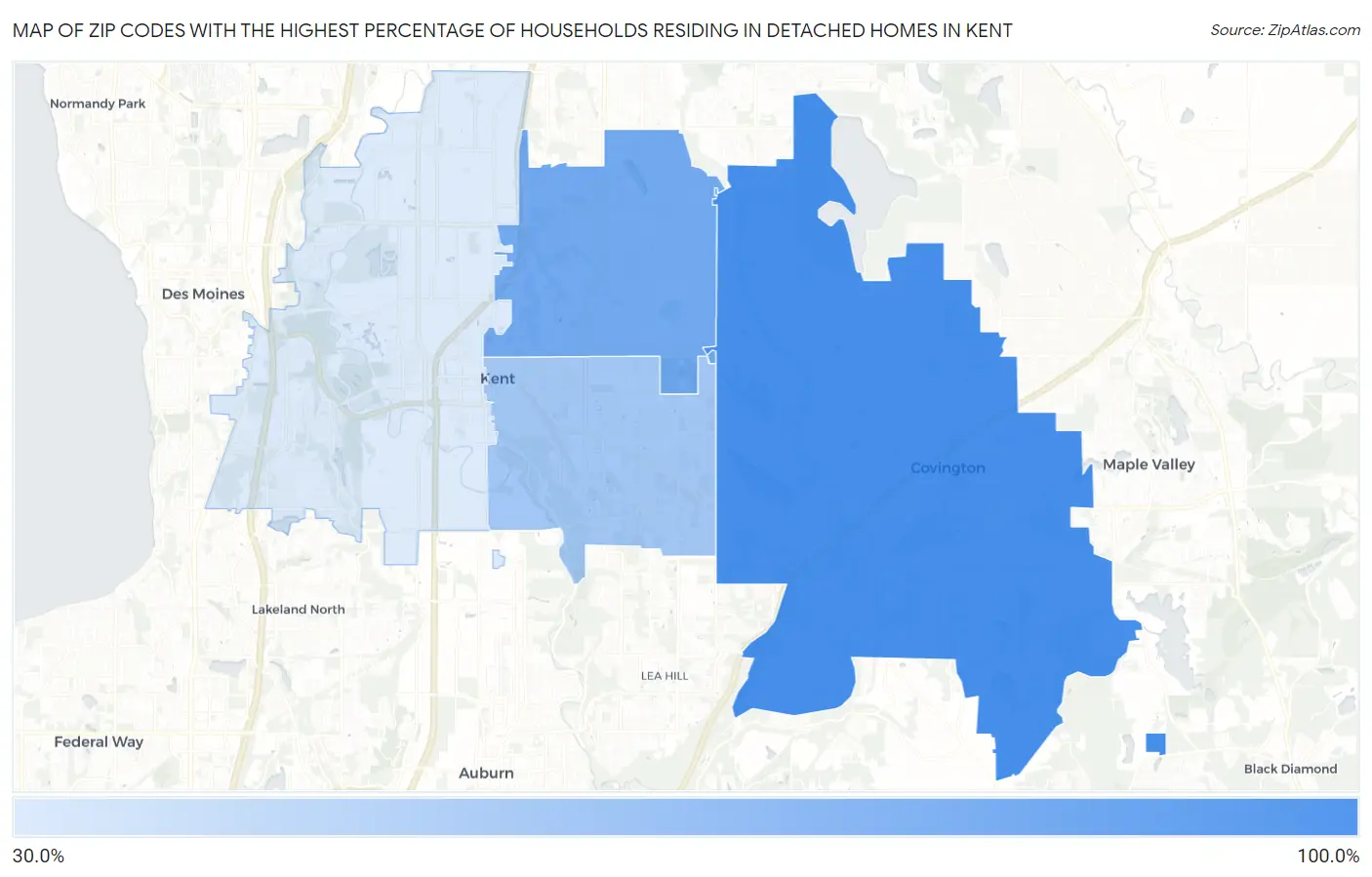 Zip Codes with the Highest Percentage of Households Residing in Detached Homes in Kent Map