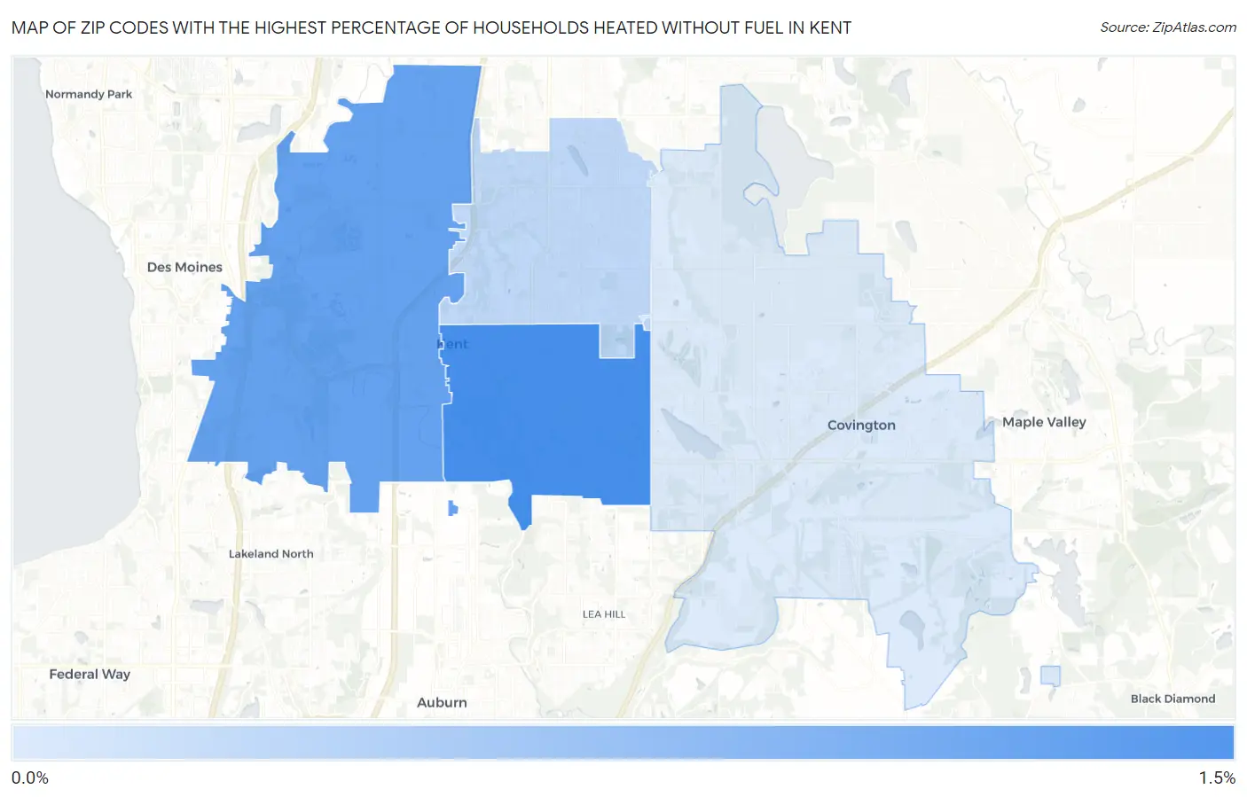 Zip Codes with the Highest Percentage of Households Heated without Fuel in Kent Map