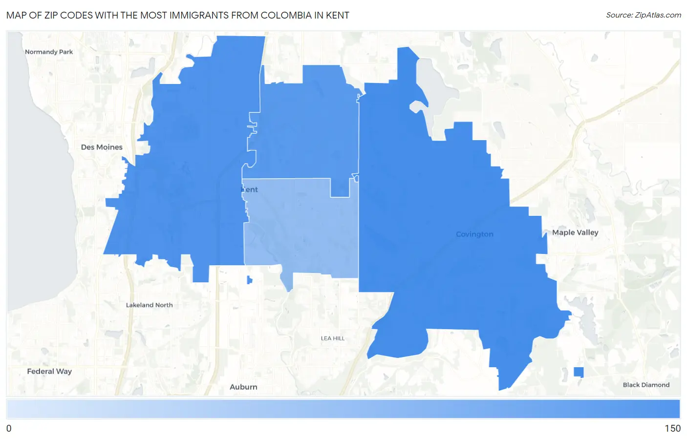 Zip Codes with the Most Immigrants from Colombia in Kent Map