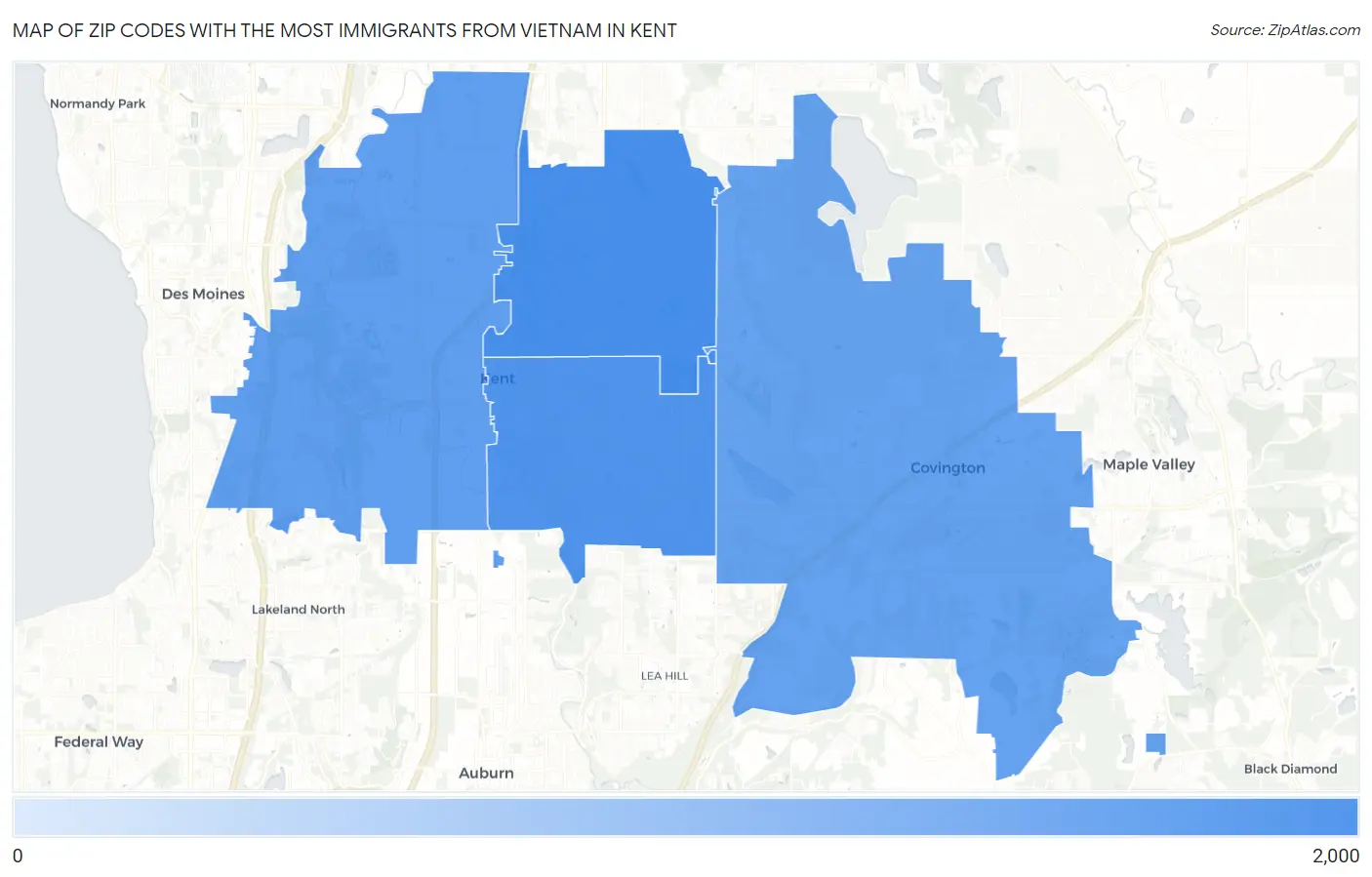 Zip Codes with the Most Immigrants from Vietnam in Kent Map