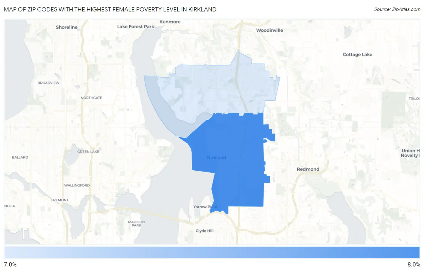 Zip Codes with the Highest Female Poverty Level in Kirkland Map