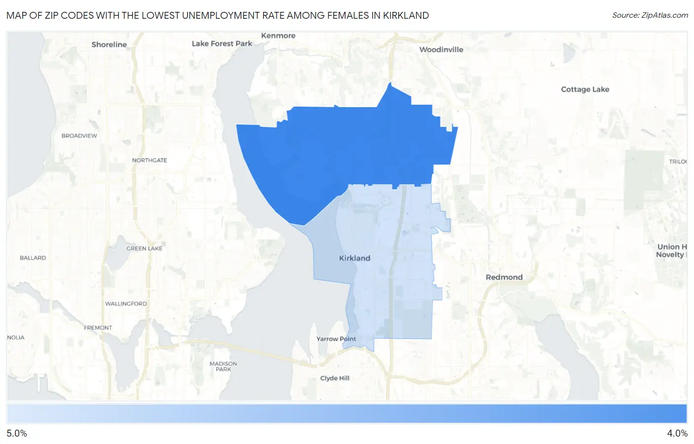 Zip Codes with the Lowest Unemployment Rate Among Females in Kirkland Map