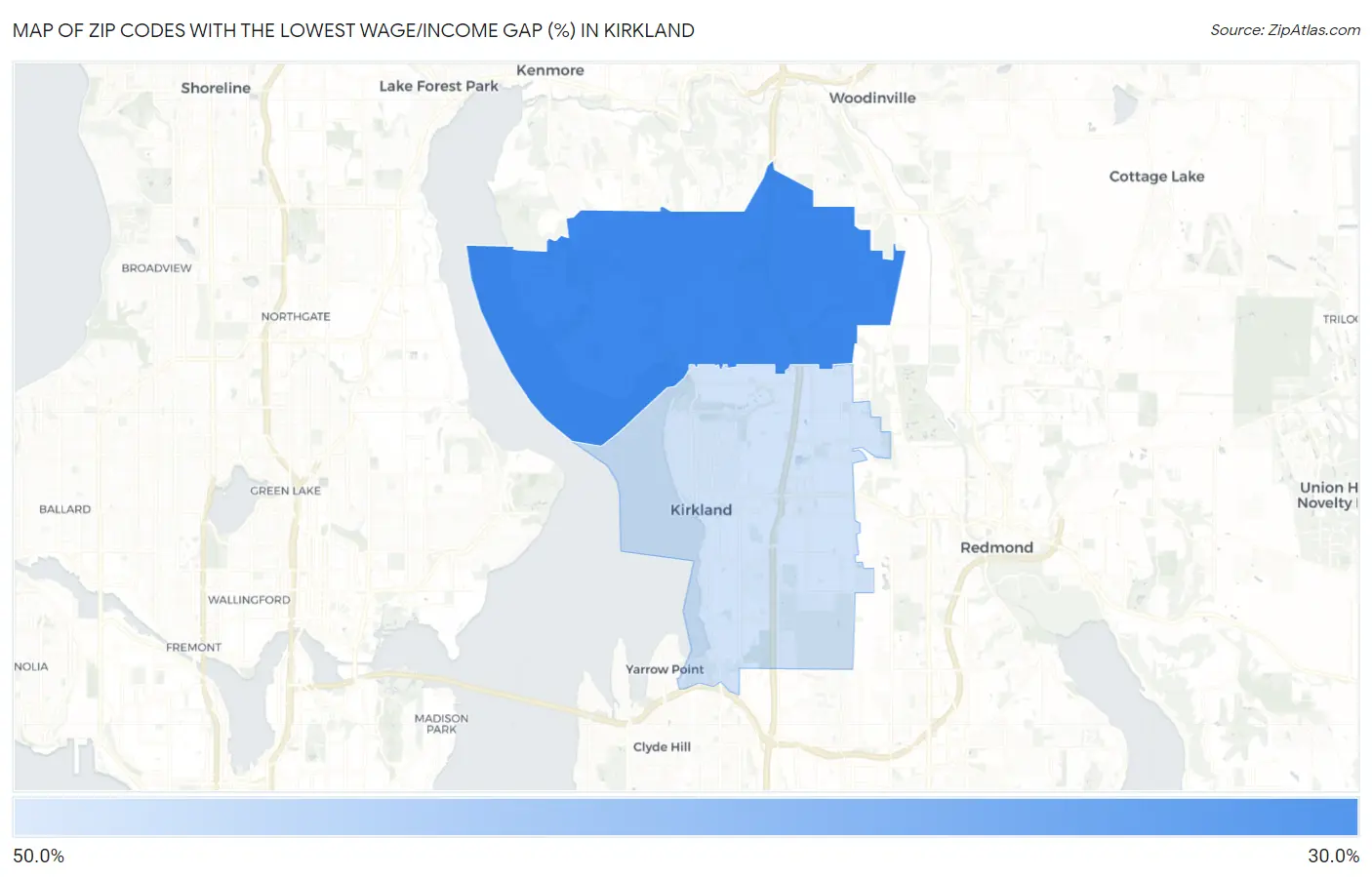 Zip Codes with the Lowest Wage/Income Gap (%) in Kirkland Map