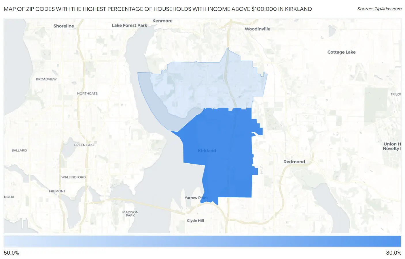 Zip Codes with the Highest Percentage of Households with Income Above $100,000 in Kirkland Map