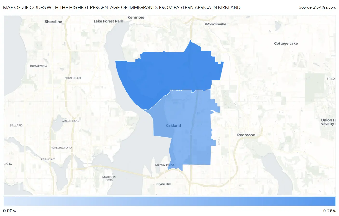 Zip Codes with the Highest Percentage of Immigrants from Eastern Africa in Kirkland Map