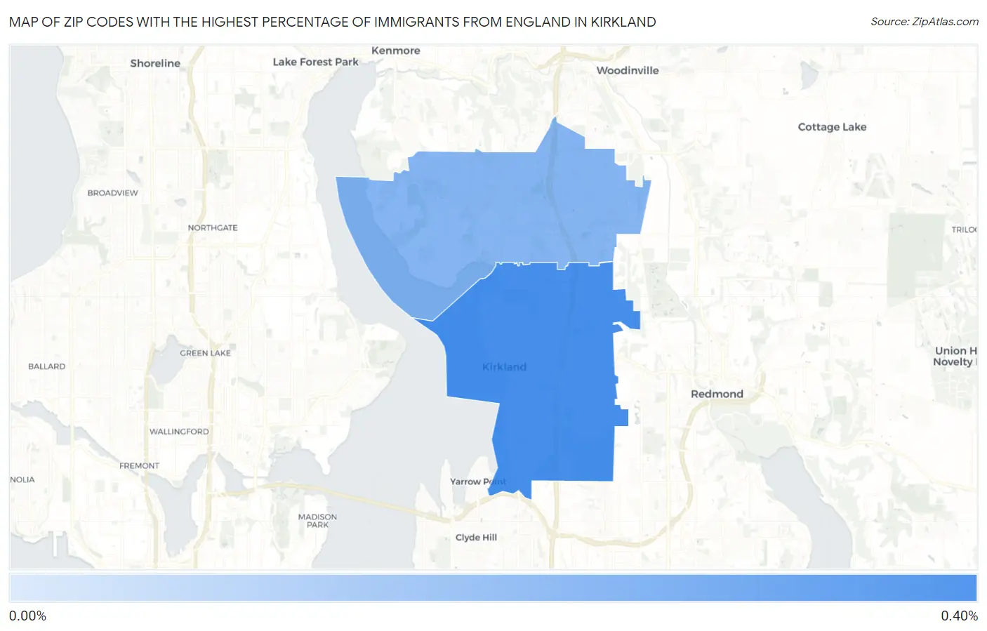 Zip Codes with the Highest Percentage of Immigrants from England in Kirkland Map
