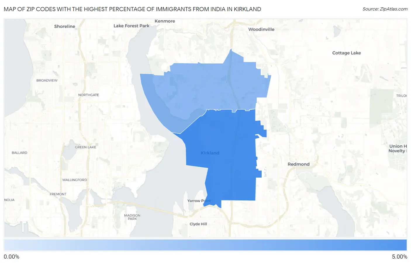 Zip Codes with the Highest Percentage of Immigrants from India in Kirkland Map