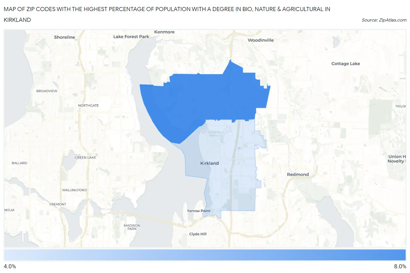 Zip Codes with the Highest Percentage of Population with a Degree in Bio, Nature & Agricultural in Kirkland Map