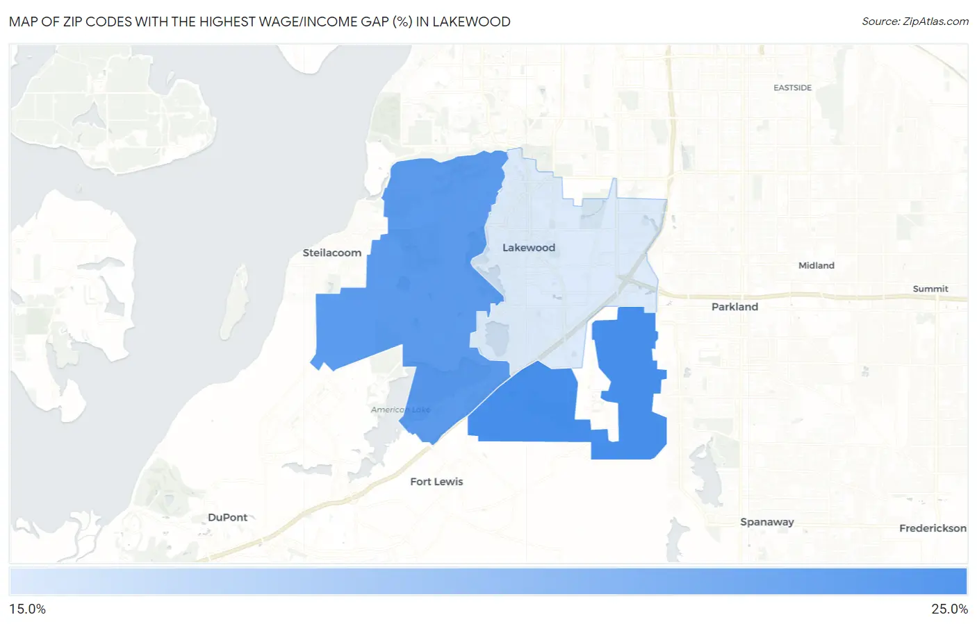 Zip Codes with the Highest Wage/Income Gap (%) in Lakewood Map