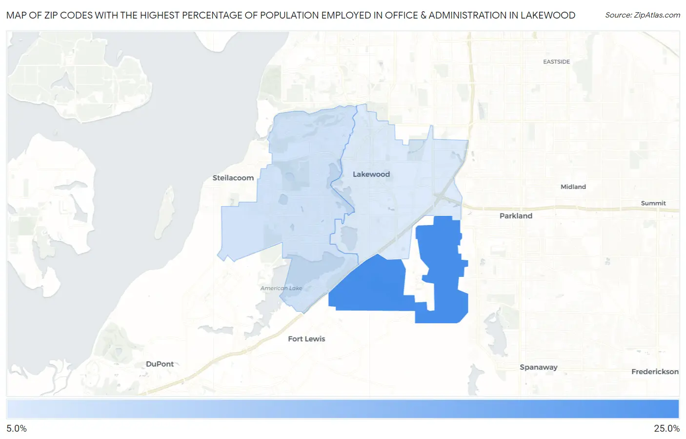 Zip Codes with the Highest Percentage of Population Employed in Office & Administration in Lakewood Map