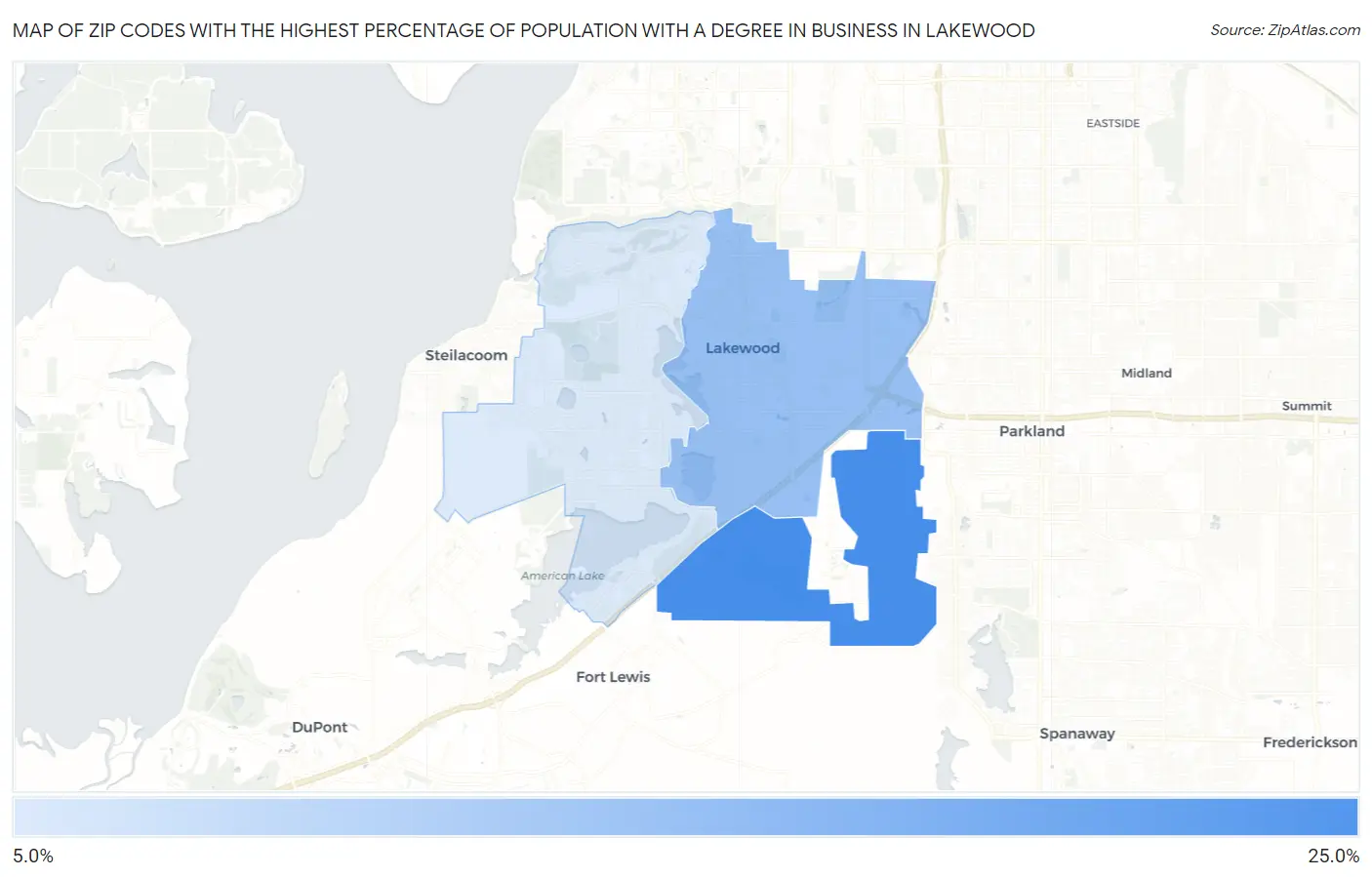 Zip Codes with the Highest Percentage of Population with a Degree in Business in Lakewood Map