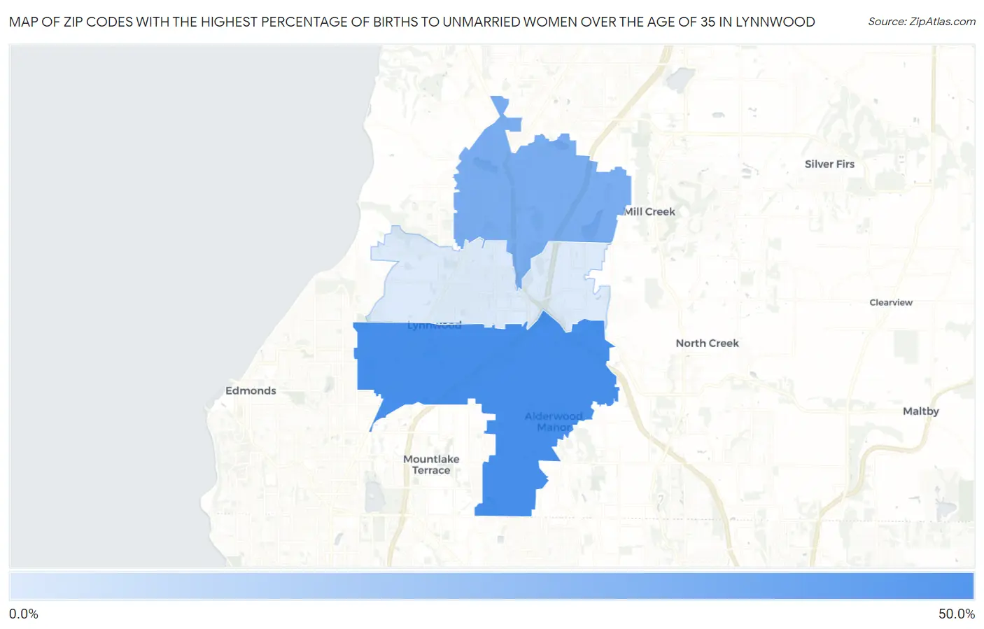 Zip Codes with the Highest Percentage of Births to Unmarried Women over the Age of 35 in Lynnwood Map