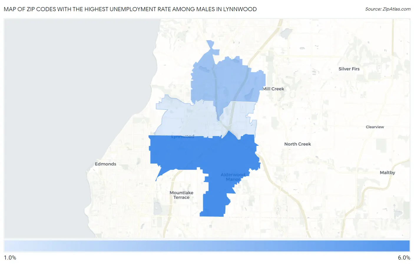 Zip Codes with the Highest Unemployment Rate Among Males in Lynnwood Map