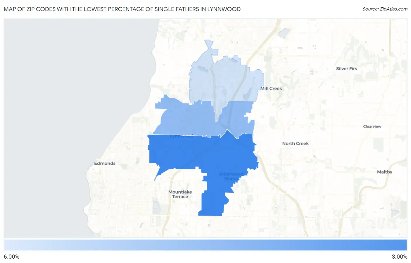 Zip Codes with the Lowest Percentage of Single Fathers in Lynnwood Map