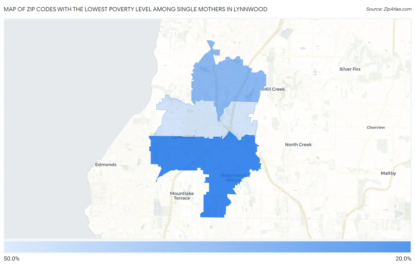 Zip Codes with the Lowest Poverty Level Among Single Mothers in Lynnwood Map